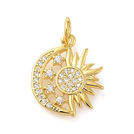 Rack Plating Brass Micro Pave Cubic Zirconia Pendants, Long-Lasting Plated, Lead Free & Cadmium Free, Sun & Moon