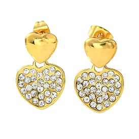 Boucles d'oreilles en acier inoxydable 304, Boucles d'oreilles pendantes en strass et cristal en forme de cœur pour femmes