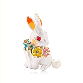 3D Easter Rabbit with Flower Enamel Pin with Rhinestone, Light Gold Plated Alloy Badge with Plastic Pearl for Corsage Scarf Clothes
