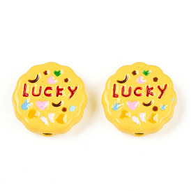 Spray Painted Alloy Beads, with Enamel, Flat Round with Word Lucky