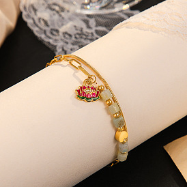 14K Gold Natural Stone Lotus Drop Oil Stainless Steel Bracelet for Women - Simple and Fashionable Hand Jewelry