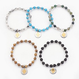 304 Stainless Steel Charms Bracelets, with Gemstone and Stainless Steel Beads, Flat Round with Saint