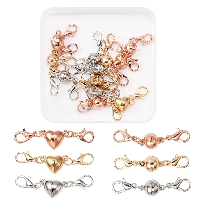12Sets 2 Style Alloy Magnetic Clasps Converter, with Lobster Claw Clasps, Cadmium Free & Lead Free, Heart & Round