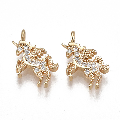 Brass Charms, Nickel Free, Real 18K Gold Plated, with Cubic Zirconia, Unicorn, Clear