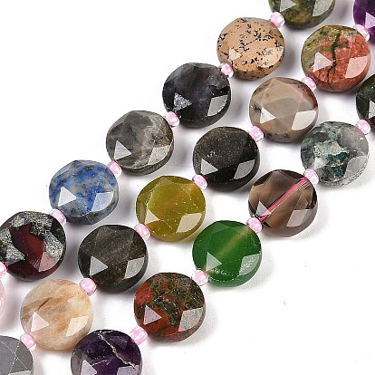 Природные смешанные камень бисер пряди, с бисером, граненый шестиугольный разрез, плоско-круглые, смешанные окрашенные и неокрашенные