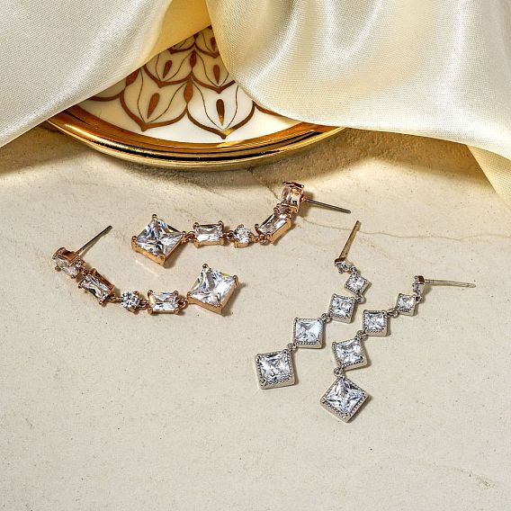 Geometric Cube Stud Earrings with Full Rhinestone Design, European and American Style