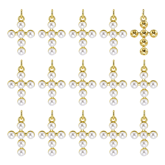 16Pcs Brass Plastic Imitation Pearls Pendants, with Jump Ring, Cross Charms