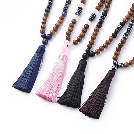 Collares con borla de poliéster, con cuentas de piedras preciosas, cuentas de madera y cuentas de hematita sintéticas no magnéticas