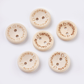 Wooden Buttons, 2-Hole, with Word, Flat Round with Word Handmade
