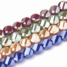 Electroplate Opaque Solid Color Glass Beads Strands, Faceted, Flat Round