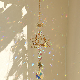 Metal Hollow Lotus Hanging Ornaments, Glass Teardrop Tassel Suncatchers for Garden Outdoor Decoration