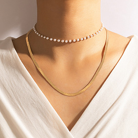 Minimalist Pearl and Geometric Snake Bone Layered Necklace Set