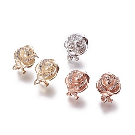 Brass Micro Pave Cubic Zirconia Stud Earring Findings, French Clip Earrings, with Loop, Rose