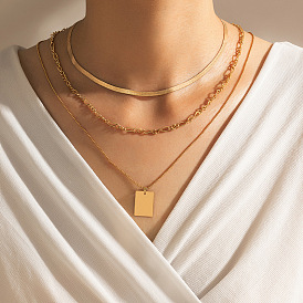 Geometric Irregular Snake Bone Layered Necklace Set with Square Pendant for Women