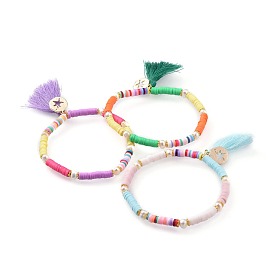 Stretch Charm Bracelets, with Cotton Tassel, Handmade Polymer Clay Beads, Natural Pearl Beads and Brass Findings