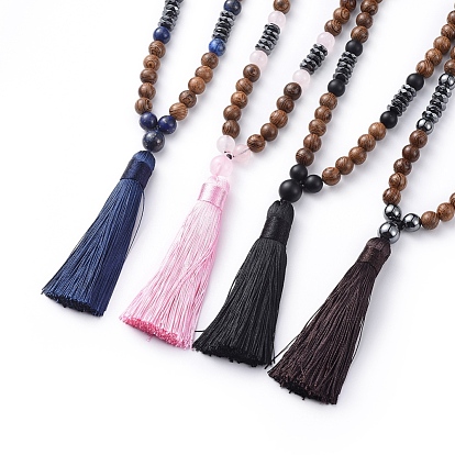 Collares con borla de poliéster, con cuentas de piedras preciosas, cuentas de madera y cuentas de hematita sintéticas no magnéticas