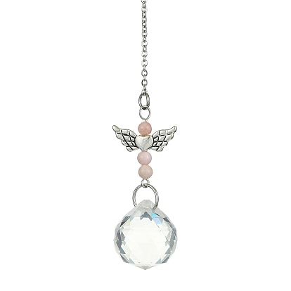 Glass Round Pendant Decorations, with Angel Gemstone & Alloy Link, for Home Decorations