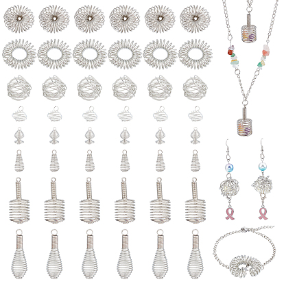 40Pcs 5 Style Hollow Iron & 24Pcs 3 Style Alloy Wire Bead Cage Pendants, Spiral Bead Cage, Teardrop Charms & Spiral & Ring & Round