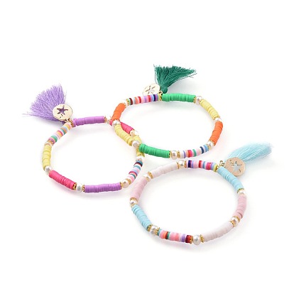 Stretch Charm Bracelets, with Cotton Tassel, Handmade Polymer Clay Beads, Natural Pearl Beads and Brass Findings