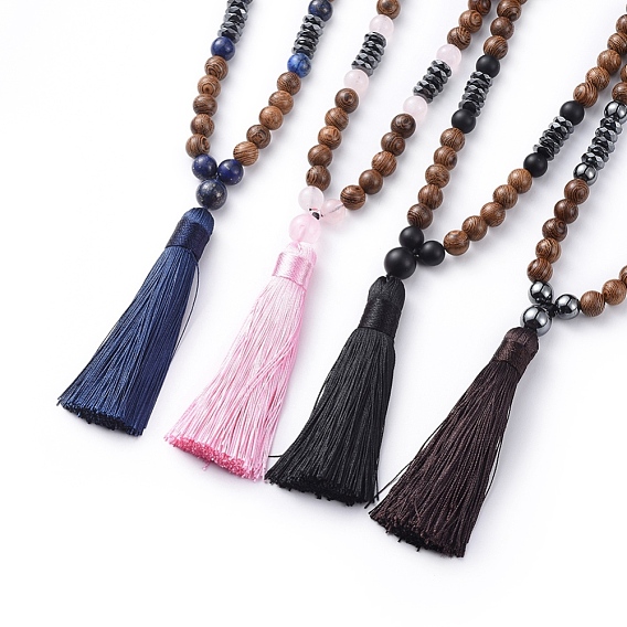Polyester Tassel Pendant Necklaces, with Gemstone Beads, Wood Beads and Non-magnetic Synthetic Hematite Beads