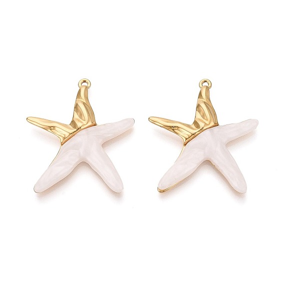 304 Stainless Steel and Resin Pendants, Starfish Charm, Ion Plating(IP), Real 18K Gold Plated