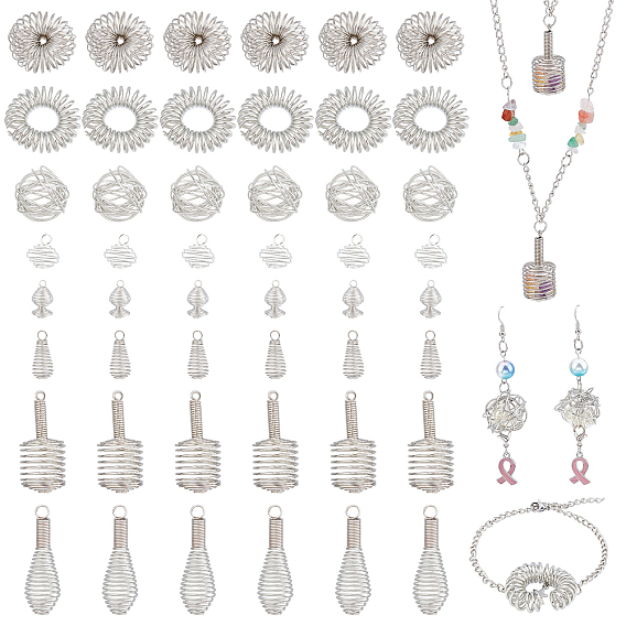40Pcs 5 Style Hollow Iron & 24Pcs 3 Style Alloy Wire Bead Cage Pendants, Spiral Bead Cage, Teardrop Charms & Spiral & Ring & Round