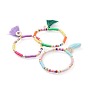 Stretch Charm Bracelets, with Cotton Tassel, Handmade Polymer Clay Beads, Natural Pearl Beads and Brass Findings