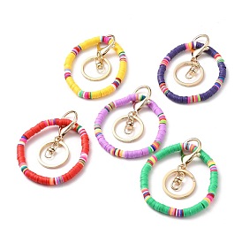 Porte-clés, avec des perles heishi en argile polymère faites à la main et un fermoir mousqueton en alliage de fer plaqué or, anneau