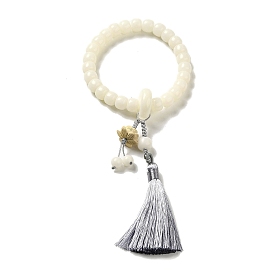 Bracelets extensibles en perles rondes de racine de bodhi de jade blanc, avec pendentifs pompon