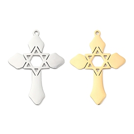 304 Stainless Steel Pendants, Laser Cut, Cross with Star of David Charm