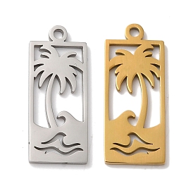 304 Stainless Steel Pendants, Laser Cut, Rectangle with Coconut Tree & Sea Wave Charm