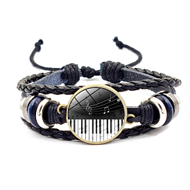 Bracelet multi-rangs double couche tressé en cuir pu, note de musique alliage verre liens bracelet pour hommes femmes