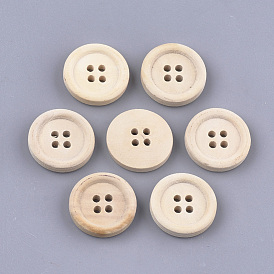Botones de madera de 4 agujeros, sin teñir, plano y redondo