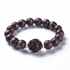 Sandalwood Mala Bead Bracelets, with Resin Beads, Round with Auspicious Cloud, Buddhist Jewelry, Stretch Bracelets