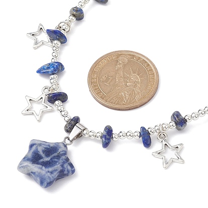 Natural & Synthetic Mixed Stone & Alloy Star Charms Bib Necklace with Chips Beaded Chains