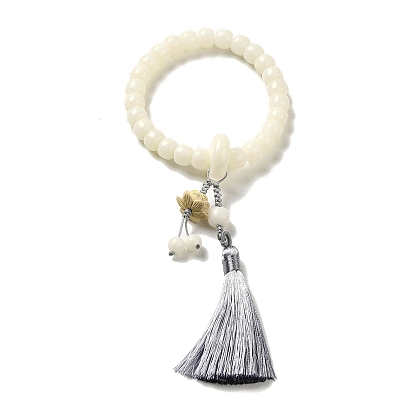 White Jade Bodhi Root Round Beaded Stretch Bracelets, with Tassel Pendants