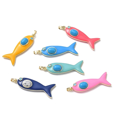 Anhänger aus synthetischem, ozeangefärbtem Türkis, Fisch-Anhänger aus Messing-Emaille, echt 18 k vergoldet, langlebig überzogen, Gestell, Bleifrei und cadmium frei