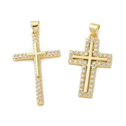 Brass Micro Pave Clear Cubic Zirconia Pendants, Cadmium Free & Nickel Free & Lead Free, Cross