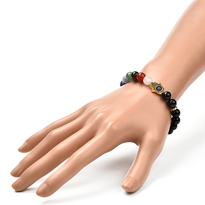 Hamsa Hand /Hand of Miriam with Evil Eye Bracelet, Round Natural Black Onyx & Mixed Stone Beads Stretch Bracelet, 7 Chakra Jewelry for Gift