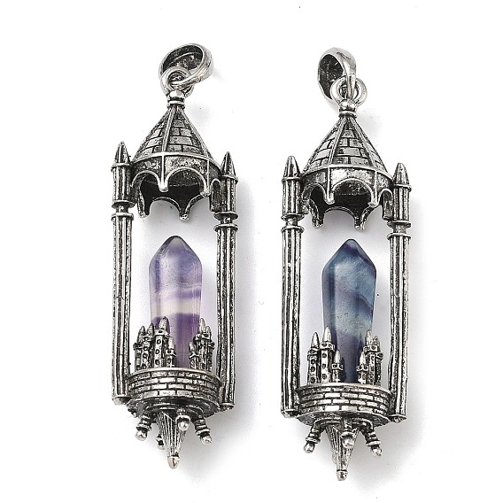 Natural Fluorite Faceted Pointed Bullet Shaped Big Pendants, Castle Candle Holder Charms with Alloy Settings