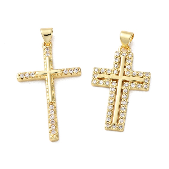 Brass Micro Pave Clear Cubic Zirconia Pendants, Cadmium Free & Nickel Free & Lead Free, Cross