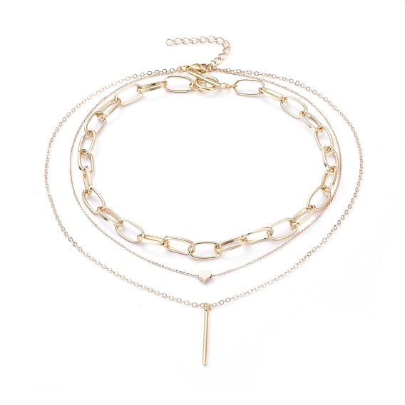Double Layered & Chain Necklaces Sets, with Brass Pendants & Cable Chains, Aluminium Paperclip Chains, 304 Stainless Steel Toggle Clasps & Lobster Claw Clasps, Stick & Heart