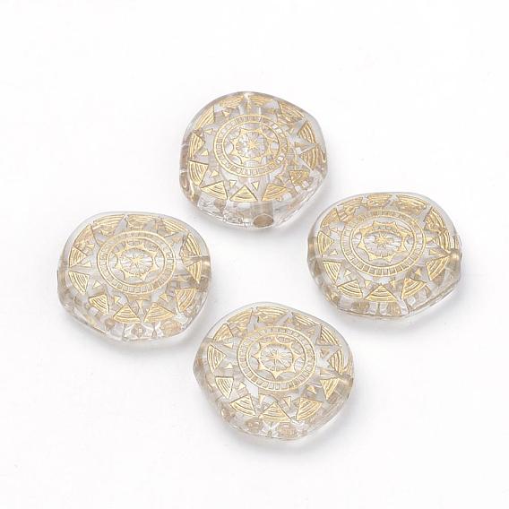 Plating Transparent Acrylic Beads, Golden Metal Enlaced, Flat Round