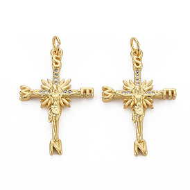 Brass Micro Pave Cubic Zirconia Pendants, with Jump Rings, Nickel Free, Cross with Alphabet