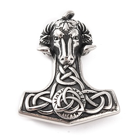 316 Surgical Stainless Steel Big Pendants, Goat Head Thor's Hammer with Knot Charm