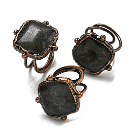 Natural Labradorite Adjustable Rings, with Red Copper Brass Findings, Jewely for Unisex, Square
