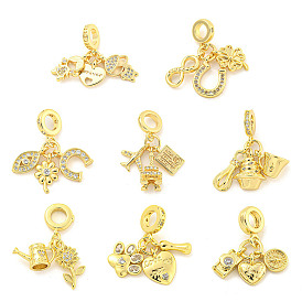 Rack Plating Brass Micro Pave Cubic Zirconia European Dangle Charms, Large Hole Pendants, Cadmium Free & Lead Free, Long-Lasting Plated, Real 18K Gold Plated