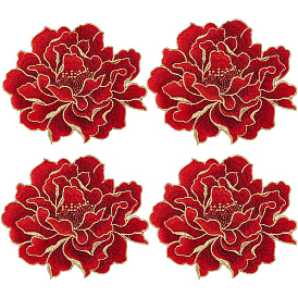 4Pcs Peony Polyester Embroidery Sew On Patches, Cloth Appliques