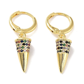 Real 18K Gold Plated Brass Dangle Leverback Earrings, with Cubic Zirconia, Cone