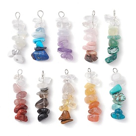 10Pcs 10 Styles Gradient Color Mixed Gemstone Chip Beaded Pendants, with 304 Stainless Steel Loops, Stainless Steel Color